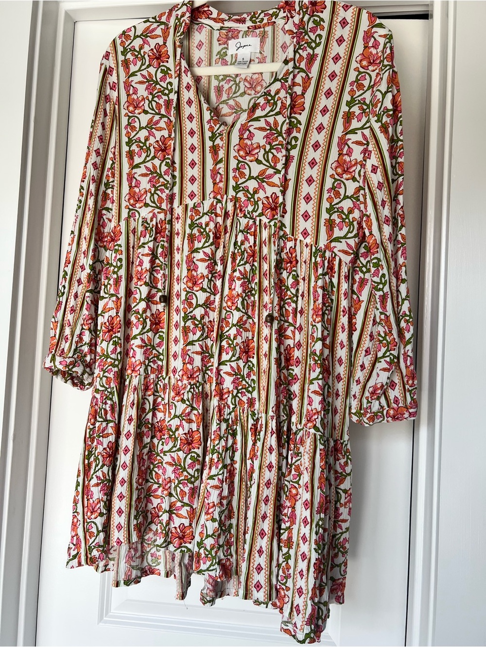 Japra White Floral Viscose Blouse with Pink & Green Print